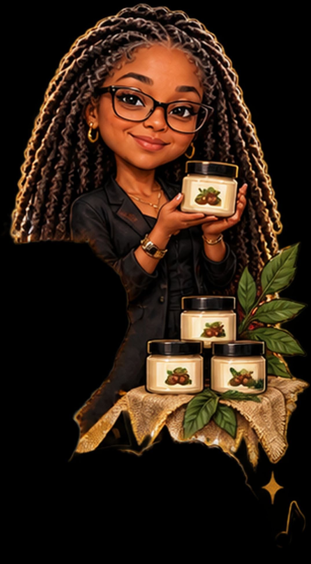 Nisha’s Butta brand illustration of Tanisha with locs holding a body butter jar